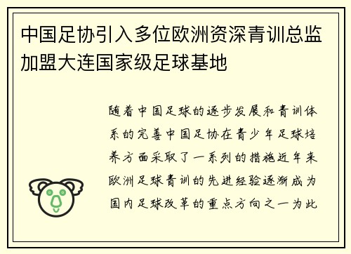 中国足协引入多位欧洲资深青训总监加盟大连国家级足球基地 中国足协引入多位欧洲资深青训总监加盟大连国家级足球基地